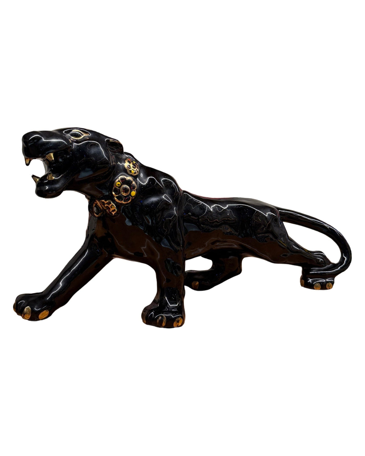 Vintage 80s Black Panther Hand Painted Ceramic Statue