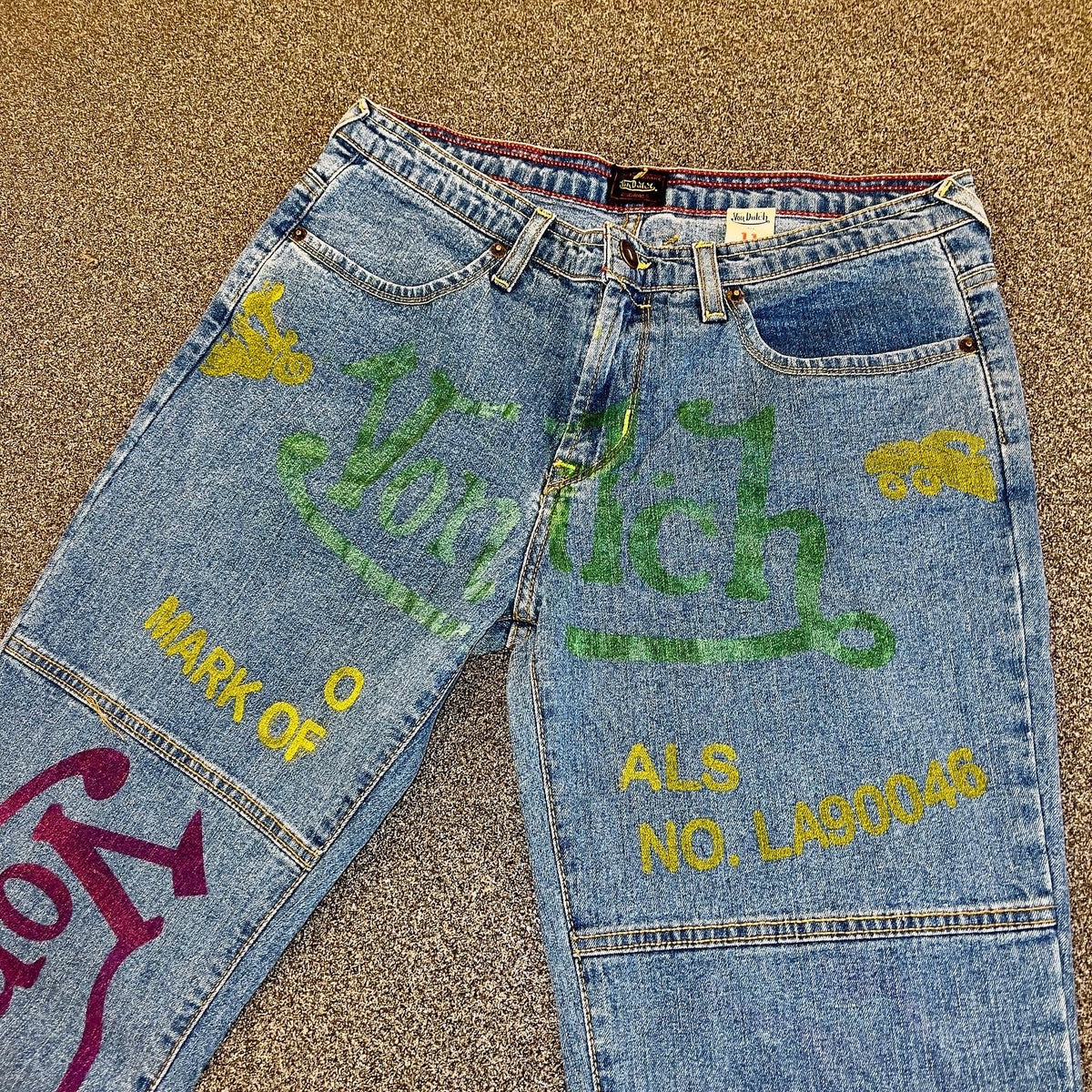 W 13 / M 32 x 32 Vintage Von Dutch Sample Big Print Jeans